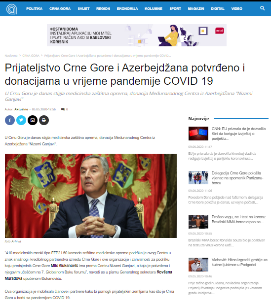 Prijateljstvo Crne Gore i Azerbejdžana potvrđeno i donacijama u vrijeme pandemije COVID 19 
